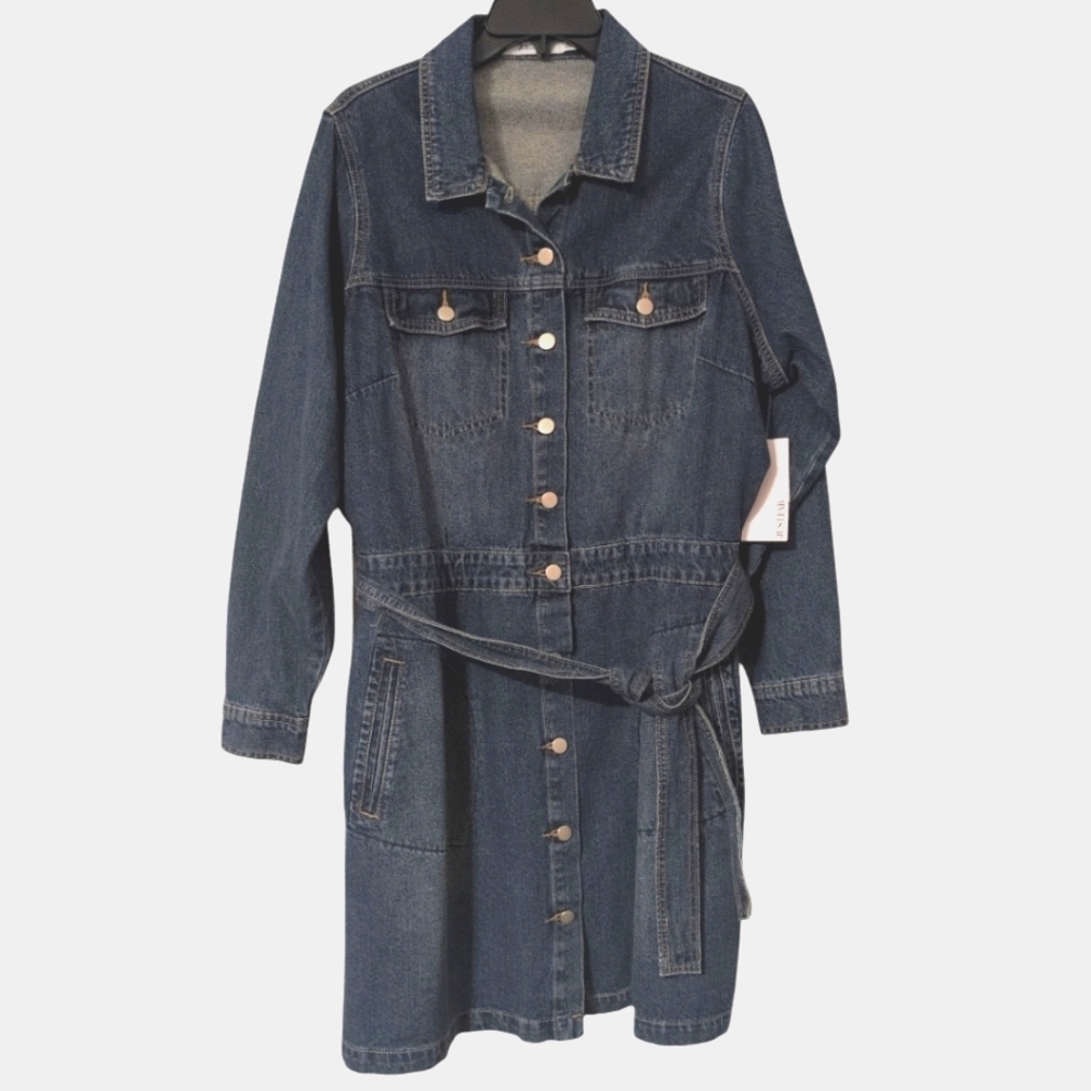 JUST FAB DARK WASH BELTED BUTTON UP DENIM JACKET DRESS - Picture 5 of 11